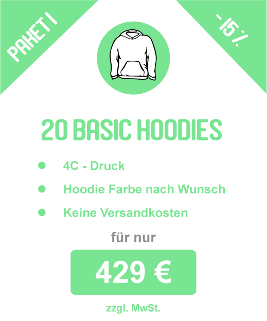 Sparpaket: 20 Basic Hoodies inkl. Druck für 429 €