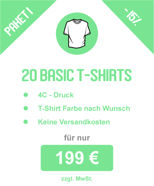 Sparpaket: 20 Basic T-Shirts inkl. Druck für 199 €